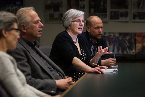 Shannon Sampert with members of the Editorial Board in a portrait for Winnipeg Free Press Annual Report. 150211 - Wednesday, February 11, 2015 -  (MIKE DEAL / WINNIPEG FREE PRESS)