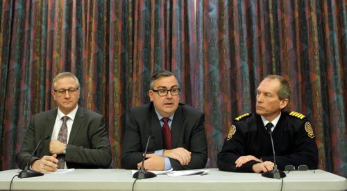 LOCAL - TRAFFIC REPORT RE FIRE HALL -  (left to right) City of Winnipeg Director of public works Brad Sacher, acting Chief Administrative Officer Michael Jack, and Fire and Paramedic Chief John Lane in the press conference on the 2nd floor conference room at the City Administration building. BORIS MINKEVICH/WINNIPEG FREE PRESS FEB. 24, 2015