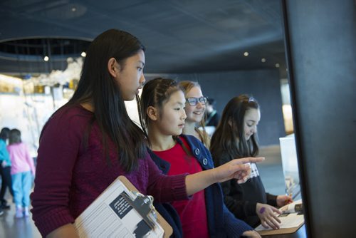DAVID LIPNOWSKI / WINNIPEG FREE PRESS (February 25, 2015)  Darwin school students (l-r) Kayla Gayot, Victoria Cho, Danika Burdeniuk, and Meghan Stecher interact with galleries inside of the Canadian Museum for Human Rights Wednesday afternoon as their grade 5/6 class visits the museum. More than 30 classes a week visit the museum.