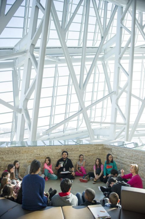 DAVID LIPNOWSKI / WINNIPEG FREE PRESS (February 25, 2015)  Darwin school learn about human rights inside of the Canadian Museum for Human Rights Wednesday afternoon as their grade 5/6 class visits the museum. More than 30 classes a week visit the museum.