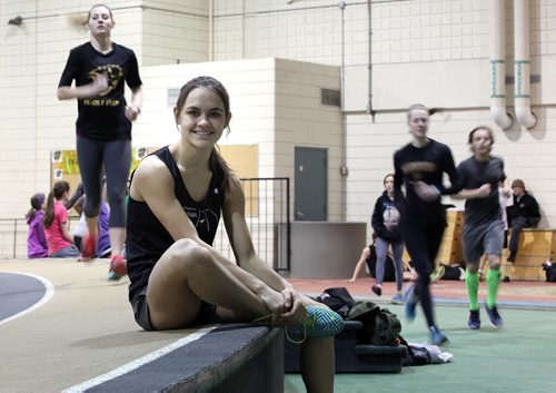 Victoria Tachinski, local high school track star. SHe's posing at the Max Bell Centre at the U of W. See Paul Wiecik's story. February 25, 2015 - (Phil Hossack / Winnipeg Free Press)