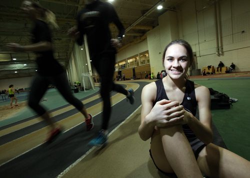 Victoria Tachinski, local high school track star. SHe's posing at the Max Bell Centre at the U of W. See Paul Wiecik's story. February 25, 2015 - (Phil Hossack / Winnipeg Free Press)