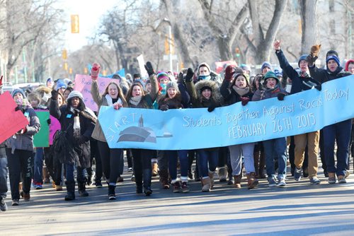 LOCAL - student march against racism Thursday, Feb. 26.  Hundreds of high school students cheer while walking down Broadway Ave. to the Leg Thursday as they rally in solidarity against racism. Ruth Bonneville / Winnipeg Free Press.