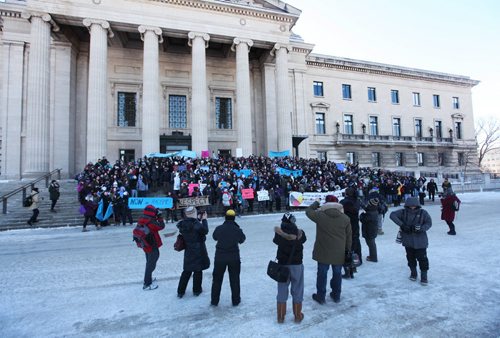 LOCAL - student march against racism Thursday, Feb. 26.  Hundreds of high school students  stand on the steps of the Leg Thursday after a  rally in solidarity against racism. Ruth Bonneville / Winnipeg Free Press.