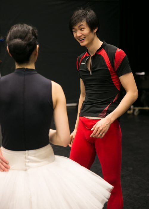 Xing laughs with soloist Sophia Lee while rehearsing the pas de deux from Swan Lake.   150220 - Friday, February 20, 2015 - (Melissa Tait / Winnipeg Free Press)