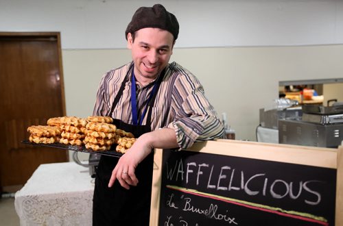 Intersection piece on Sebastien De Lazzer and his company called Wafflelicious.  Sebastien moved to Canada three years ago from Belgium and now makes Belgian-style waffles for restaurants around town.   Friday, Feb. 27, 2015 Ruth Bonneville / Winnipeg Free Press.