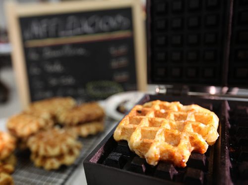 Intersection piece on Sebastien De Lazzer and his company called Wafflelicious.  Sebastien moved to Canada three years ago from Belgian and now makes Belgian-style waffles for restaurants around town.   Friday, Feb. 27, 2015 Ruth Bonneville / Winnipeg Free Press.