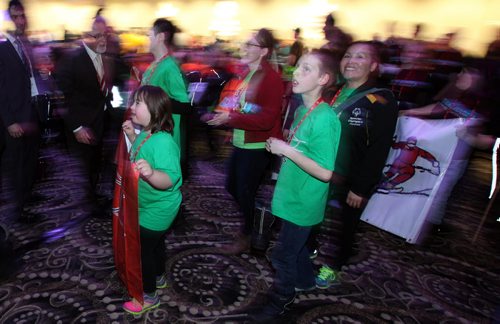 Team Manitoba Special Olympic athletes, coaches and volunteers parade into the Opening Ceremony of the provincial winter games Friday night at the Victoria Inn. See release/story. February 27, 2015 - (Phil Hossack / Winnipeg Free Press)