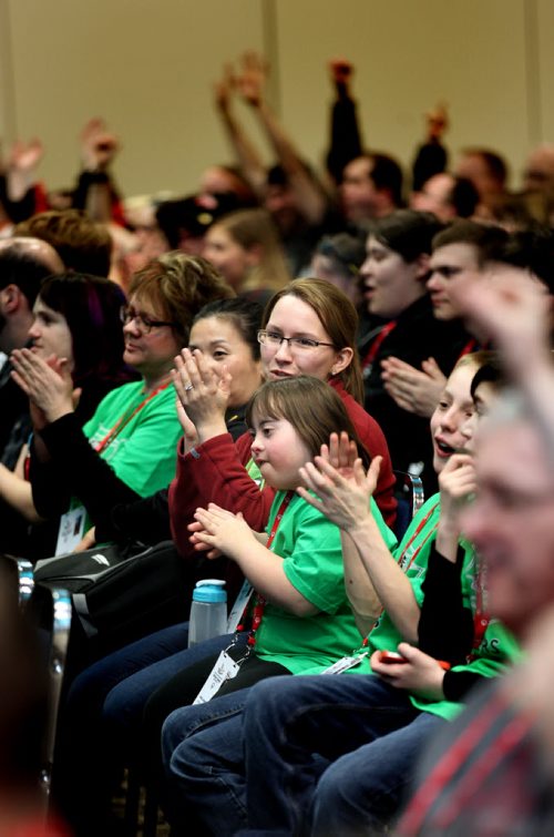 Team Manitoba Special Olympic athletes, coaches and volunteers applaud the Opening Ceremony of the provincial winter games Friday night at the Victoria Inn. See release/story. February 27, 2015 - (Phil Hossack / Winnipeg Free Press)