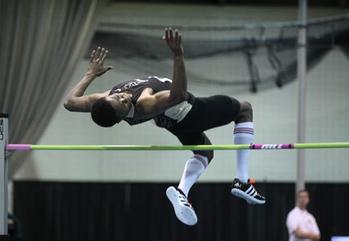 U of M Bison high jump competitor Alhaji Mansaray,  competes at the Canada West Track and Field Championship the Max Bell Fieldhouse Saturday afternoon where he broke the western Canadian high jump record  of 2.17 metres.  Saturday, Feb.28, 2015 Ruth Bonneville / Winnipeg Free Press.