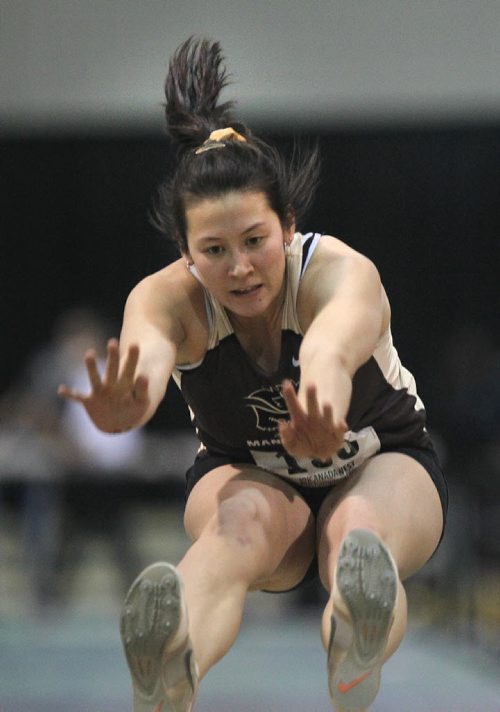 U of M Bison triple jump competitor Melissa Richards competes in the triple jump event at the Canada West Track and Field Championship the Max Bell Fieldhouse Saturday afternoon  Saturday, Feb.28, 2015 Ruth Bonneville / Winnipeg Free Press.