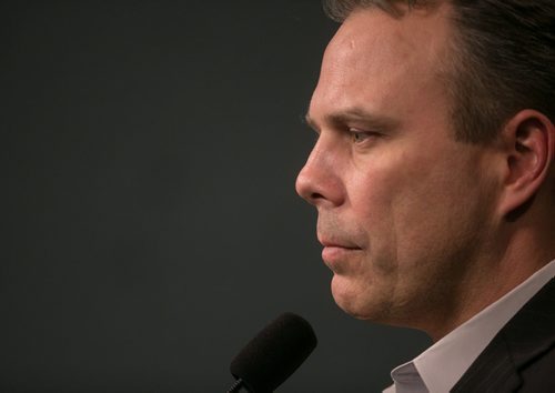 Winnipeg Jets general manager Kevin Cheveldayoff speaks to the media at the end of NHL trade deadline day March 2, 2015. 150302 - Monday, March 02, 2015 - (Melissa Tait / Winnipeg Free Press)