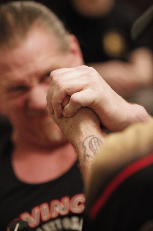 February 4, 2015 - 150204  -  Brent Wiebe pulls while at a Manitoba Arm Wrestling Association practise Wednesday, February 4, 2015. John Woods / Winnipeg Free Press