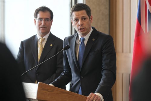 Winnipeg Mayor Brian Bowman talks to the press after unveiling the new City Budget for 2015 at City Hall Tuesday afternoon.  Tuesday,  March 03, 2015 Ruth Bonneville / Winnipeg Free Press.