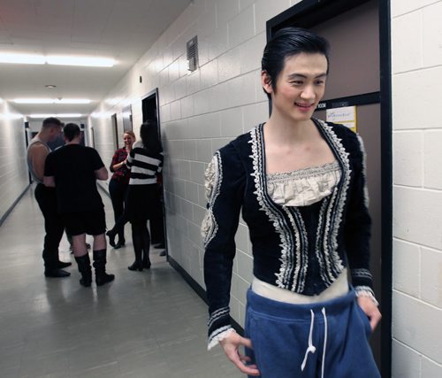 Royal Winnipeg Ballet Principal dancer, Liang Xing back stage  just before his wife was rushed to hospital for delivery of his second child-See Bryksa, Tait, Zoratti ballet feature- Mar 03, 2015   (JOE BRYKSA / WINNIPEG FREE PRESS)