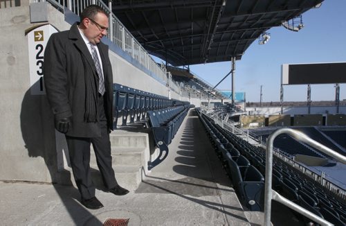 Andrew Konowalchuk chair of Triple B Stadium Inc announced that today they will file a lawsuit  in the Court of Queens Bench against architect and contactor for repairs required to the two year old Investors Group Field  See Kives story- Feb 26, 2015   (JOE BRYKSA / WINNIPEG FREE PRESS)