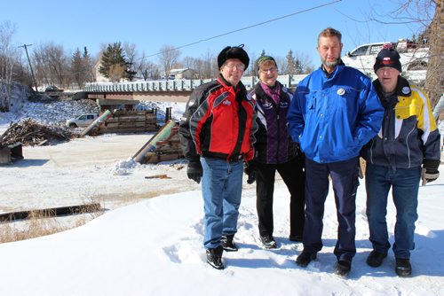 09 - 011 - 012 - The $75,000 Club. That's how much these three local business owners, Jerry and Juanita Cousins, Harm  Sikkenga, and Josef Hodel, paid into the new bridge in Whitemouth. BILL REDEKOP/WINNIPEG FREE PRESS Mar 6, 2015