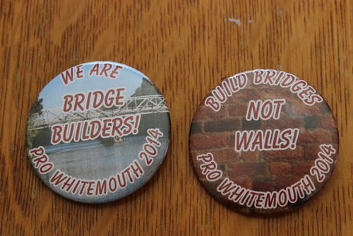 039 - 043 - 044 - Bridge contributers received badges, during the sometimes acrimonious campaign to build the Whitemouth Bridge.BILL REDEKOP/WINNIPEG FREE PRESS Mar 6, 2015