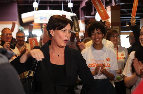 NDP candidate Theresa Oswald is greeted by supporters at Canad Inns Friday afternoon where  NDP convention is being held this weekend to select a leader. Friday,  March 06, 2015 Ruth Bonneville / Winnipeg Free Press.