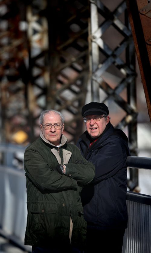 Ken Murdoch (left) and Ken Kuhn pose on a Winnipeg Bridge (BDI) Friday. The pair took part in Martin Luther King marches, Murdoch on the Selma Bridge and Kuhn walked into Birmingham with King a few days later. (He didn't march across the Selma Bridge).  See Dave Sanderson story. March 6, 2015 - (Phil Hossack / Winnipeg Free Press)
