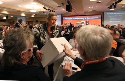 NDP members vote for a new president at the Convention Saturday held at Canad Inns. Saturday,  March 07, 2015 Ruth Bonneville / Winnipeg Free Press.