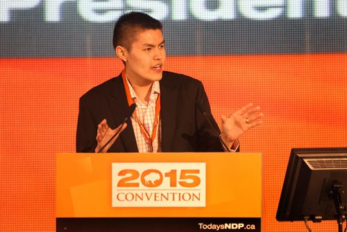 Eighteen-year-old Tyler Duncan is the youngest party member to run for President of the NDP.  He speaks to members just before a vote is taken  for a new president at the Convention Saturday held at Canad Inns. Saturday,   March 07, 2015 Ruth Bonneville / Winnipeg Free Press.