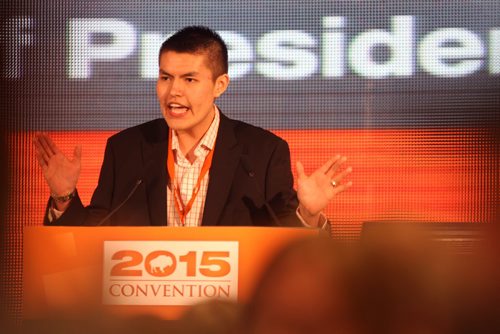Eighteen-year-old Tyler Duncan is the youngest party member to run for President of the NDP.  He speaks to members just before a vote is taken  for a new president at the Convention Saturday held at Canad Inns. Saturday,   March 07, 2015 Ruth Bonneville / Winnipeg Free Press.