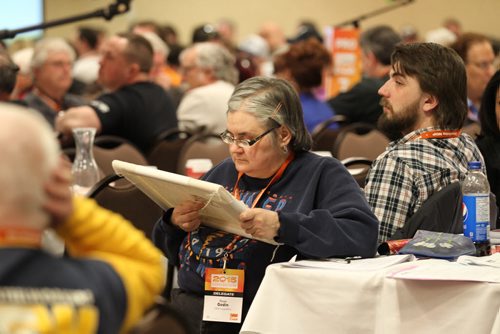 NDP delegate Rose Godin, does some needle work while attending the NDP Convention Saturday held at Canad Inns.  March 07, 2015 Ruth Bonneville / Winnipeg Free Press.