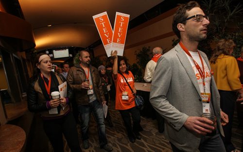 Delegates arrive for the start of the last day of the NDP Convention sunday morning at Canad Inns Polo Park. 150308 - Sunday, March 08, 2015 -  (MIKE DEAL / WINNIPEG FREE PRESS)