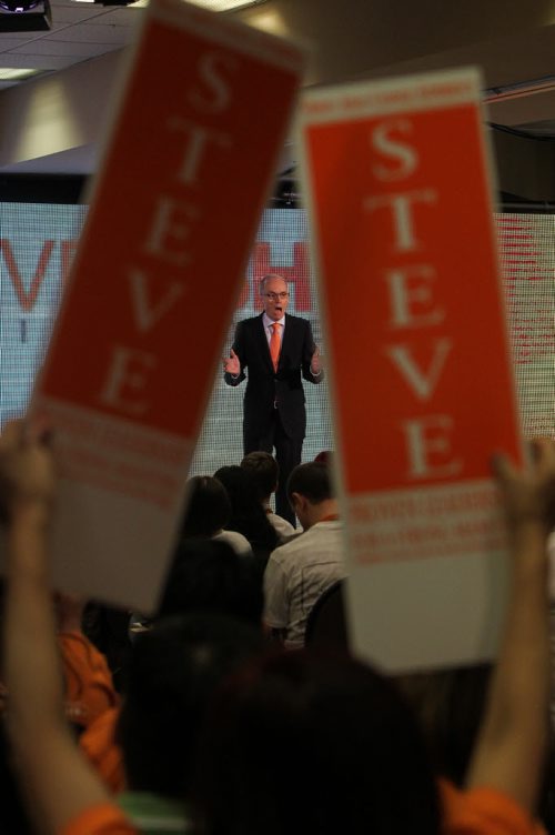 Steve Ashton enters the hall to give his final speech before the delegates vote for their leader sunday morning at the NDP Convention at Canad Inns Polo Park. 150308 - Sunday, March 08, 2015 -  (MIKE DEAL / WINNIPEG FREE PRESS)