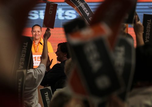 Theresa Oswald and her supporters cheer after finding out that she made it through first ballot. The NDP delegates will vote for their leader in a second ballot with Theresa Oswald and Greg Selinger on it sunday at the NDP Convention at Canad Inns Polo Park. 150308 - Sunday, March 08, 2015 -  (MIKE DEAL / WINNIPEG FREE PRESS)