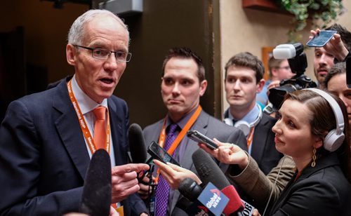Steve Ashton talks to the media after finding out that he did not made it through first ballot. The NDP delegates will vote for their leader in a second ballot with Theresa Oswald and Greg Selinger on sunday at the NDP Convention at Canad Inns Polo Park. 150308 - Sunday, March 08, 2015 -  (MIKE DEAL / WINNIPEG FREE PRESS)