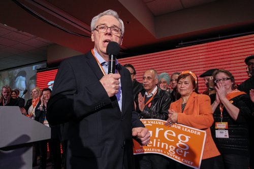 Greg Selinger speaks after winning his re-election as the leader of the provincial NDP on sunday at the NDP Convention at Canad Inns Polo Park. 150308 - Sunday, March 08, 2015 -  (MIKE DEAL / WINNIPEG FREE PRESS)