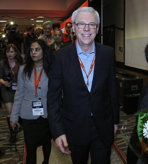Greg Selinger is all smiles as he leaves the stage after winning his re-election as the leader of the provincial NDP on sunday at the NDP Convention at Canad Inns Polo Park. 150308 - Sunday, March 08, 2015 -  (MIKE DEAL / WINNIPEG FREE PRESS)