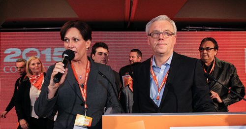 Theresa Oswald concedes defeat to Greg Selinger after losing by 33 votes to be the leader of the provincial NDP on sunday at the NDP Convention at Canad Inns Polo Park. 150308 - Sunday, March 08, 2015 -  (MIKE DEAL / WINNIPEG FREE PRESS)