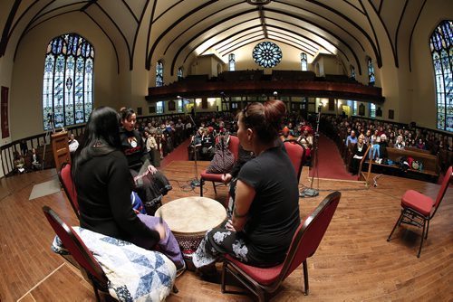 March 8, 2015 - 150308  -  Keewatin Otchitchak (Northern Crane) Traditional Women Singers perform at Raising Our Voices: Celebrating International Women's Day  at Westminster United Church Sunday, March 8, 2015. John Woods / Winnipeg Free Press