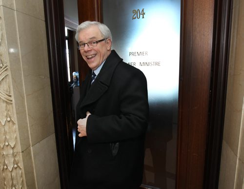 Premier Greg Selinger settles back into his office Monday morning after leadership win yesterday- See Larry Kusch story - Mar 06, 2015   (JOE BRYKSA / WINNIPEG FREE PRESS)