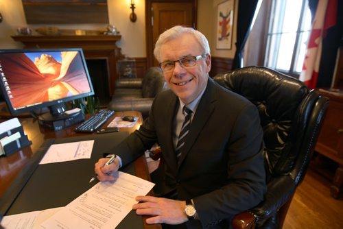 Premier Greg Selinger settles back into his office Monday morning after leadership win yesterday- See Larry Kusch story - Mar 06, 2015   (JOE BRYKSA / WINNIPEG FREE PRESS)