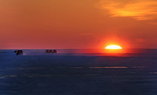 Fisherman race across the ice on first light on Lake Winnipeg aprx 45 km north of Winnipeg to get to their favorite fishing holes- - see Mellisa Tait/Bryksa ice fishing feature story  Apr, 2015   (JOE BRYKSA / WINNIPEG FREE PRESS)