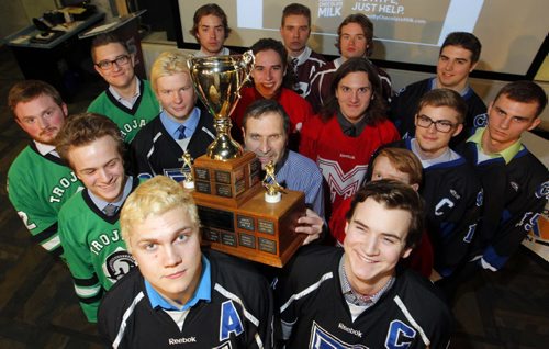 1SPORTS - Media conference for the MILK High School hockey championship. All 4 teams represented with Morris Glimcher holding the trophy because nobody wanted to touch it. Superstition. BORIS MINKEVICH/WINNIPEG FREE PRESS MARCH 10, 2015