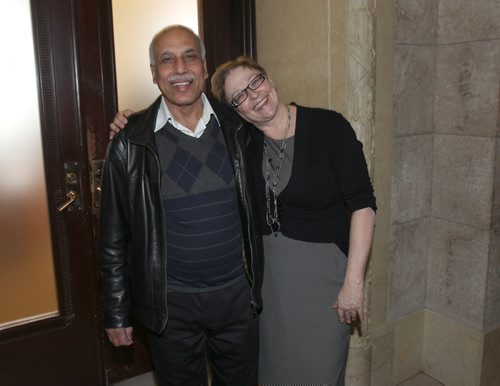 MLA Mohinder Saran and  Children and Youth oppurtunities Minister Melanie Wight pose for a photo before they  enter NDP Caucus room Manitoba Legislature Wednesday .-  See Larry Kusch  story - Mar 11, 2015   (JOE BRYKSA / WINNIPEG FREE PRESS)