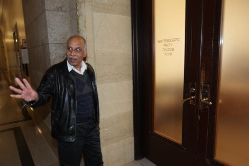 MLA Mohinder Saran enter NDP Caucus room Manitoba Legislature Wednesday .-  See Larry Kusch  story - Mar 11, 2015   (JOE BRYKSA / WINNIPEG FREE PRESS)