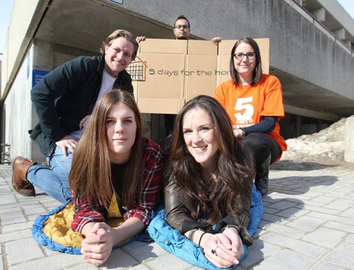Students taking part in 5 Days for the Homeless event on Thursday at the U of M outside University Centre- Rear  Riaz Mahood, Centre- Al Turnbull, and Deanna Mirlycourtois, and front L to R  Karli Kirkpatrick, and Alannah Matte -See Doug Spiers story- Mar 12, 2015   (JOE BRYKSA / WINNIPEG FREE PRESS)