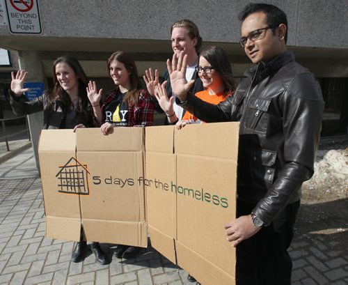 Students taking part in 5 Days for the Homeless event on Thursday at the U of M outside University Centre- L to R- Alannah Matte, Karli Kirkpatrick, Al Turnbull, Deanna Mirlycourtois and Riaz Mahood -See Doug Spiers story- Mar 12, 2015   (JOE BRYKSA / WINNIPEG FREE PRESS)