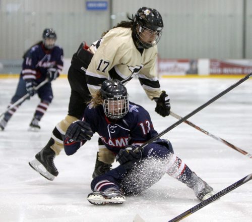 SPORTS - The 3rd annual Female World Sport School Challenge (FWSSC), hosted by St. Marys Academy (SMA), takes place at the MTS Iceplex from March 12-15, 2015. Games begin at 9:30 AM on Thursday, March 12 and conclude with the Gold medal game on Sunday, March 15 at 1:30 PM. Here St. Mary;s Academy in dark blue take on the Banff Hockey Academy. BORIS MINKEVICH/WINNIPEG FREE PRESS MARCH 12, 2015