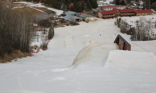 The top view of the Turner black diamond expert run and freestyle terrain. The orange snow fence on the left near the bottom of the run (across from the humps) is where  Kelsey Brewster, 13, crashed while on a school ski trip March 5 at Holiday Mountain. She died in hospital March 12. 150312 - Thursday, March 12, 2015 - (Melissa Tait / Winnipeg Free Press)