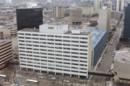 The Winnipeg Police Headquarters building, seen from the 29th floor of the Radisson Hotel, Friday, March 13, 2015. (TREVOR HAGAN/WINNIPEG FREE PRESS)