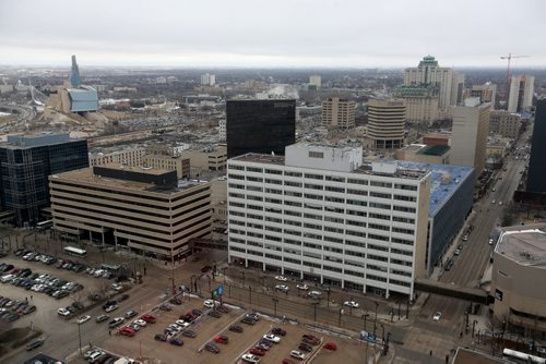 The Esplanade Riel, CMHR, and the Winnipeg Police Headquarters building, seen from the 29th floor of the Radisson Hotel, Friday, March 13, 2015. (TREVOR HAGAN/WINNIPEG FREE PRESS)