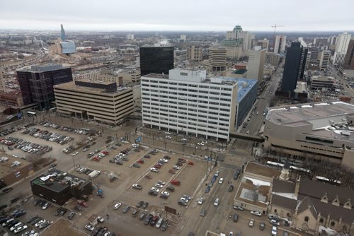 The Esplanade Riel, CMHR, and the Winnipeg Police Headquarters building, seen from the 29th floor of the Radisson Hotel, Friday, March 13, 2015. (TREVOR HAGAN/WINNIPEG FREE PRESS)