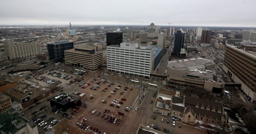 The Esplanade Riel, CMHR, Winnipeg Police Headquarters building and Millennium Library, seen from the 29th floor of the Radisson Hotel, Friday, March 13, 2015. (TREVOR HAGAN/WINNIPEG FREE PRESS)